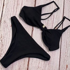 Black Bikini Set with Front Knot Tie